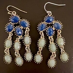 Bohemian Dangle Earrings Blue Green Gems Gypsy Chic Formal Chandelier Gold Tone
